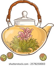 flowering tea in teapot isolated illustration