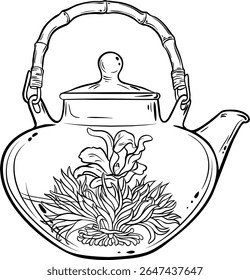 chá florido em bule isolado ilustração de contorno
