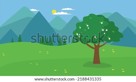 flowering tree against the backdrop of mountains