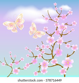 Flowering tree against a background of clouds and transparent butterflies