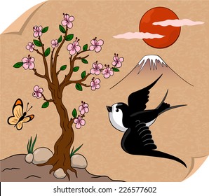 Flowering tree and bird