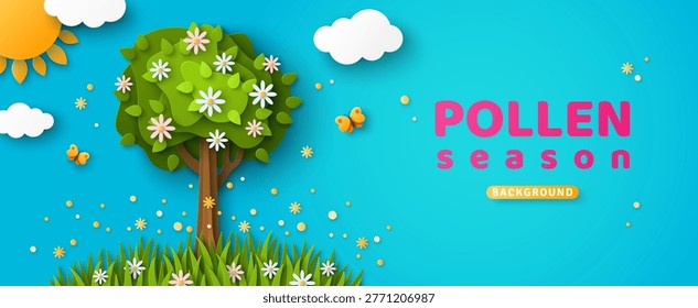 Flowering tree, bloom meadow, visible pollen in blue sky. Vector illustration. 3d Paper spring allergy season concept. Pollen forecast background. Allergic poster banner. Summer sun and clouds