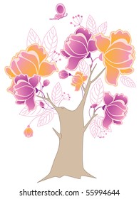 flowering tree and butterfly on a  white background