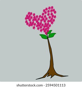 The flowering tree forms a heart shape. The tree has a crown full of pink, heart-shaped flowers and is symmetrical with bright green leaves.
