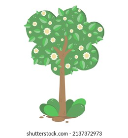 Flowering tree in the garden for insects and birds, garden, village, grass, white flowers, plant bushes. Vector illustration in simple flat cartoon style. Pastel colors green, yellow, brown isolated 