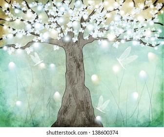 Flowering Tree - Hand drawing of a glowing tree in bloom