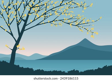 Flowering tree on a mountainside against the backdrop of a beautiful landscape of a sea bay and mountains. Nature vector illustration for print and design.