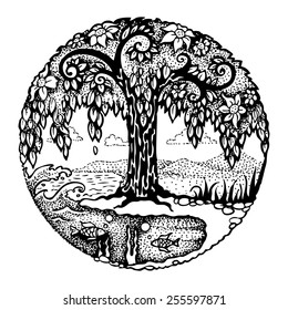 Flowering Tree on Waterfront. Graphical Hand Drawn Landscape in Vector.