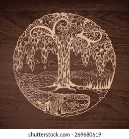 Flowering Tree on Waterfront. Graphical Hand Drawn Landscape on Wood Background in Vector.