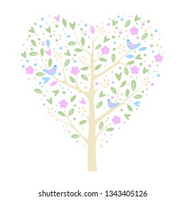 A flowering tree in the shape of a heart with birds.