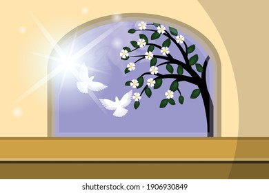 flowering tree, two white birds and sunbeams outside the window