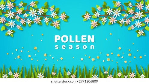 Flowering trees, bloom branch, visible pollen in blue sky. Vector illustration. 3d Paper spring allergy season concept. Pollen forecast background. Allergic poster banner