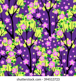 flowering trees seamless pattern vector illustration