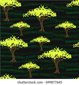 Flowering trees with yellow flowers,trees in bloom on a dark background with green dashes, stitches, stylized grass.Graphic silhouette of the blossom tree.Freehand drawing vector.Summer night, garden.