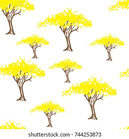 Flowering trees with yellow flowers,trees in bloom .Graphic silhouette of the blossom tree.Freehand drawing vector.Summer garden.

