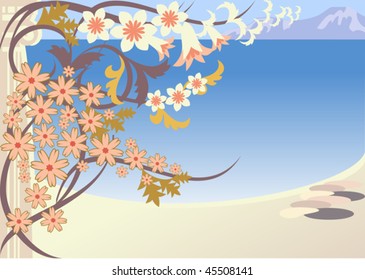 Flowering vines wound columns of ancient Greek building on the beach