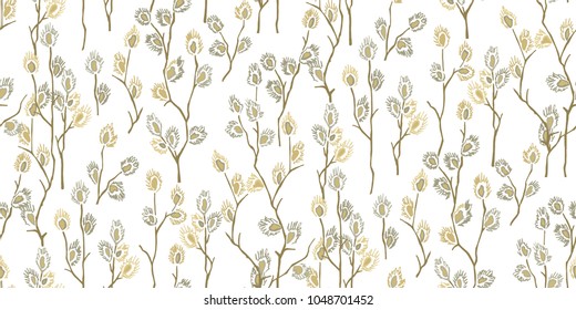 
Flowering willow.Fluffy branches Salix.Gray flowers in yellow pollen.