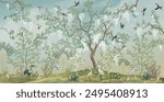 Flowering,Tree,In,The,Japanese,Garden,With,Birds.,Fresco,,Wallpaper,Mural background design, tropical, Watercolor background.