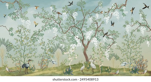 Flowering,Tree,In,The,Japanese,Garden,With,Birds.,Fresco,,Wallpaper,Mural background design, tropical, Watercolor background.