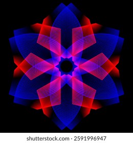 A flower-like geometric illusion with neon red and blue elements on black. Optical depth effect creates a mesmerizing look. Ideal for abstract backgrounds and futuristic designs.