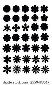 Flower-like shapes, Each row presents variations in petal count and patterns, creating a visually appealing sequence perfect for design, pattern creation, or educational purposes.