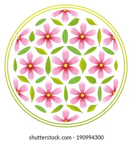 Flower-of-life-Symbol composed of pink flowers and green leaves.