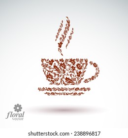 Flower-patterned cup of coffee with aromatic steam. Rendezvous theme floral illustration.
