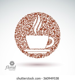 Flower-patterned cup of coffee with aromatic steam. Rendezvous theme floral vector illustration.