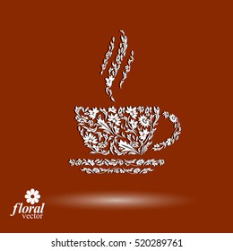 Flower-patterned cup of coffee with aromatic steam. Rendezvous theme floral vector illustration.