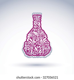 Flower-patterned decorative bottle, alcohol theme object with art ethnic vector pattern. Leisure and lifestyle theme graphic stylized element.