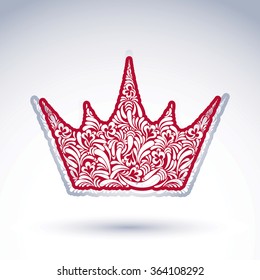 Flower-patterned decorative crown, art royal symbol. King coronet filled with abstract natural pattern, imperial theme classic vector design element.

