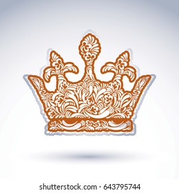 Flower-patterned decorative crown, art royal symbol. King coronet filled with abstract natural pattern, imperial theme vector design element.


