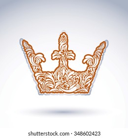 Flower-patterned imperial crown isolated on white background. Floral decorated majestic coronet, imperial theme vector design element.