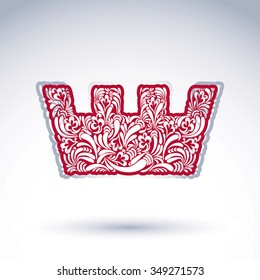 Flower-patterned imperial crown isolated on white background. Floral decorated majestic coronet, imperial theme vector design element.