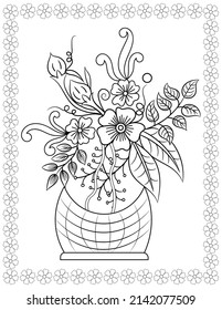 In a flowerpot, a bouquet of beautiful garden flowers, For a drawing book page, a black and white vector graphic artwork is used.