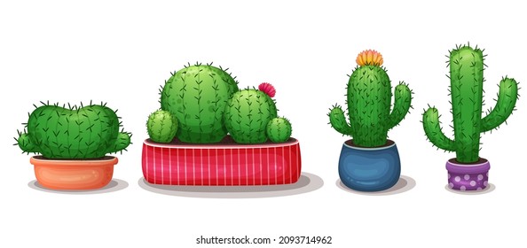 Сactus in flowerpot. cactus icon. Set of сartoon cactus with flowers. Cute succulent collection of exotic plants isolated on a white background. Cartoon succulents in pot. Mexican plant, desert 