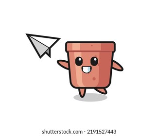 flowerpot cartoon character throwing paper airplane , cute style design for t shirt, sticker, logo element