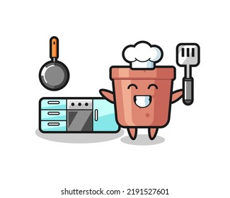 flowerpot character illustration as a chef is cooking , cute style design for t shirt, sticker, logo element