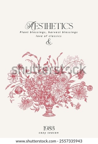 Flowerpot with flower arrangement. Vector autumn background. Bouquet with garden flowers, cereal grasses and berries. Red