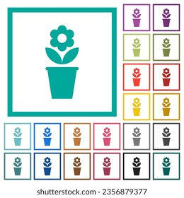 flowerpot con flor y hojas iconos de color sólido plano con marcos cuadrantes sobre fondo blanco