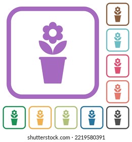 flowerpot with flower and leaves solid simple icons in color rounded square frames on white background