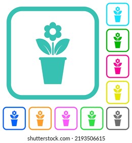 flowerpot with flower and leaves solid vivid colored flat icons in curved borders on white background