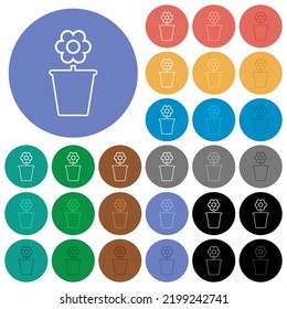 Flowerpot with flower outline multi colored flat icons on round backgrounds. Included white, light and dark icon variations for hover and active status effects, and bonus shades.