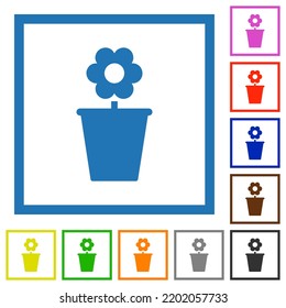 Flowerpot with flower solid flat color icons in square frames on white background
