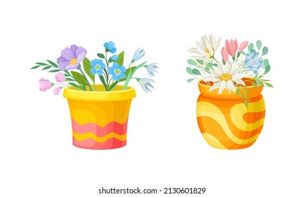 Flowerpot with Flowering Meadow Plant and Blooming Flora Bouquet Vector Set