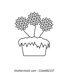 Flowerpot icon with flowers. Vector drawing of flowers in a pot with black lines on a white background.