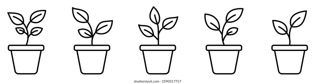 Flowerpot icon. Set of black linear icons of young plant in a pot. Editable stroke. Plant symbol. Vector illustration