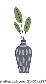 Flowerpot with leaves. Tall gray vase with plant, abstract pattern and luxury elements for house and restaurant. Social media stickers, icons for florist shop. Cartoon flat vector illustration