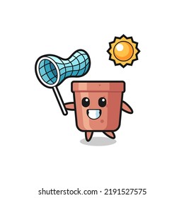 flowerpot mascot illustration is catching butterfly , cute style design for t shirt, sticker, logo element