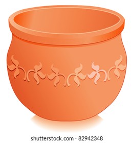 Flowerpot planter with embossed terracotta floral designs. Round clay ceramic for do it yourself garden, patio, backyard projects. Isolated on white. EPS8 compatible.